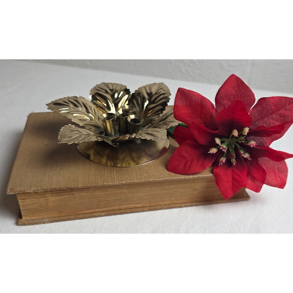 Vintage Brass Tone Metal Flower Mini Taper Candle Holder 4 Cups Poinsettia